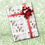 Zwei Fotovorlage Poinsettia Joy Peace Christmas Geschenkpapier<br><div class="desc">Hier ist ein elegantes Holiday Packpapier, das zwei eigene Fotografien zeigt, die mit hübschen roten Poinsettienbouquets gerahmt sind. Neben den roten Blüten sind Kiefernbäume und Kiefernbäume. Der Text "LIEBE PEACE JOY" ist in grün, gold und rot, zusammen mit mehreren Textfeldern für Sie personalisieren. Alles ist auf einem knalligen weißen Hintergrund...</div>