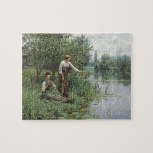 Zwei Frauen beim Fischen auf dem Gras am Fluss Puzzle