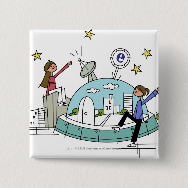 Zwei Frauen, die auf eine Stadt sitzen Button (Vorderseite)