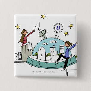 Zwei Frauen, die auf eine Stadt sitzen Button