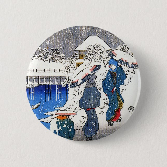 Zwei Frauen, die im Schnee konvergieren, Ando Hiro Button (Vorderseite)