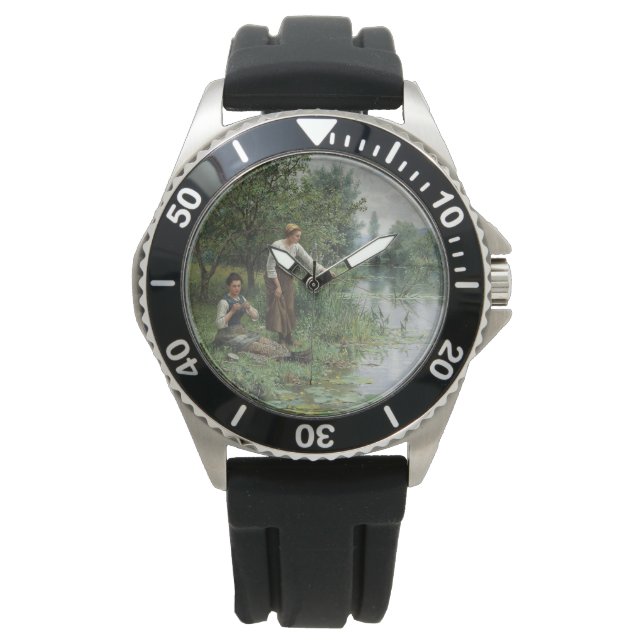 Zwei Frauen fischen auf dem Gras am Fluss Armbanduhr (Vorderseite)