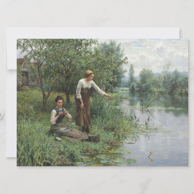 Zwei Frauen fischen auf dem Gras am Fluss Karte (Vorderseite)