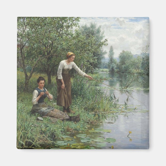 Zwei Frauen fischen auf dem Gras am Fluss Magnet (Vorne)