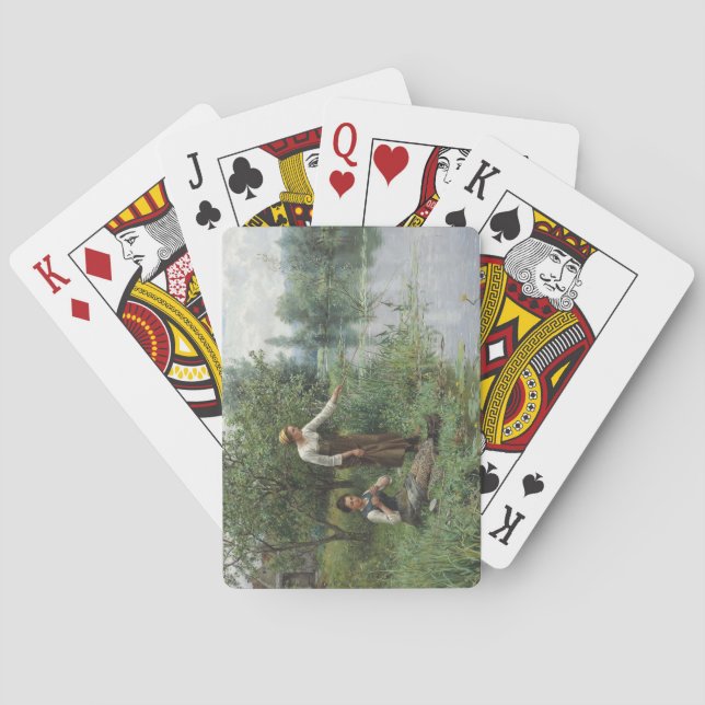 Zwei Frauen fischen auf dem Gras am Fluss Spielkarten (Rückseite)
