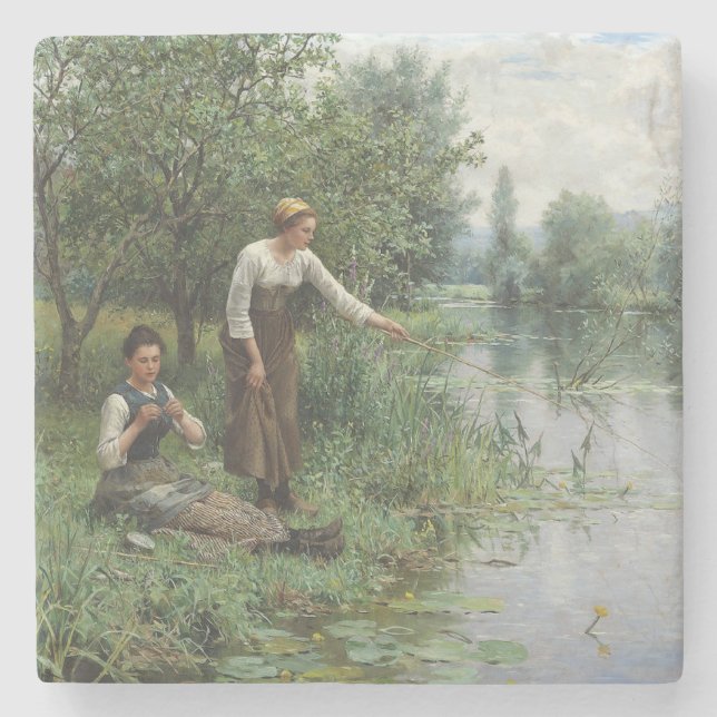 Zwei Frauen fischen auf dem Gras am Fluss Steinuntersetzer (Vorderseite)