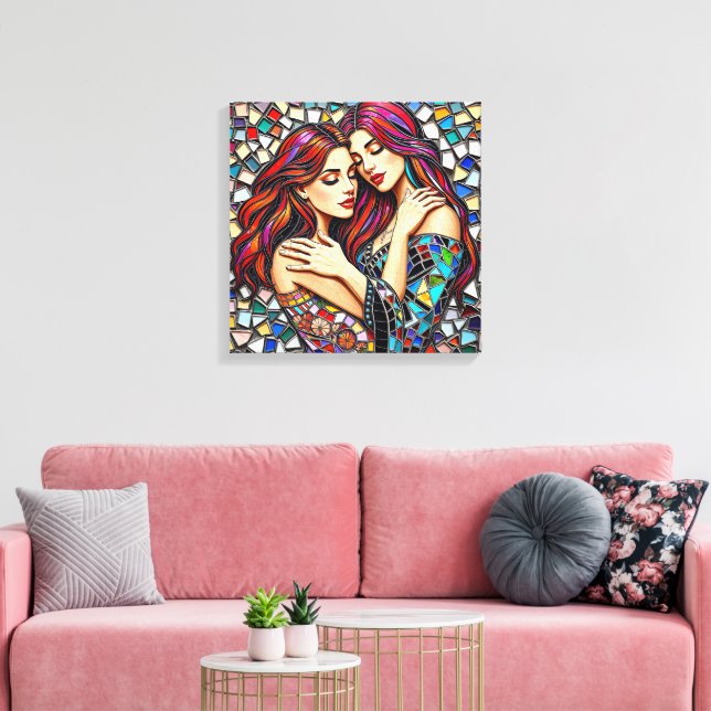 Zwei Frauen in Liebe | Imitats Mosaik Tile Style Leinwanddruck (Insitu (Wohnzimmer))