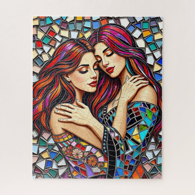 Zwei Frauen in Liebe | Imitats Mosaik Tile Style Puzzle (Vertikal)