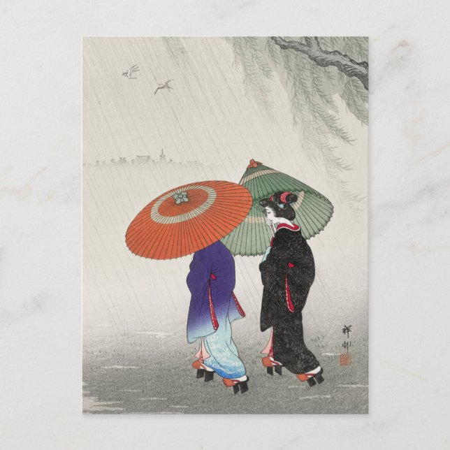 Zwei Frauen in Regenmalerei von Ohara Koson Postkarte (Vorderseite)