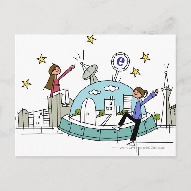 Zwei Frauen sitzen oben auf einer Stadt Postkarte (Vorderseite)