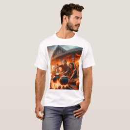 zwei Frauen sitzen um ein Feuer herum mit einem Tö T-Shirt
