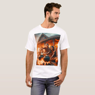 zwei Frauen sitzen um ein Feuer herum mit einem Tö T-Shirt