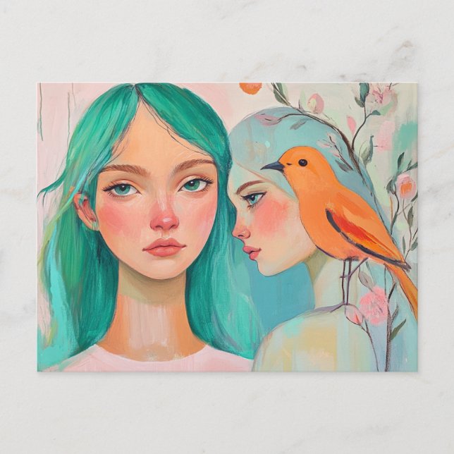 Zwei Frauen und ein Vogel Postkarte (Vorderseite)