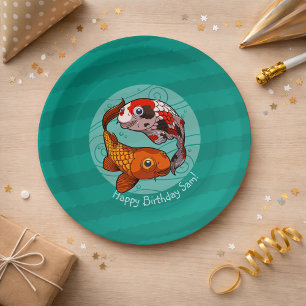 Zwei freundlicher Koi Carp Cartoon mit Text Pappteller
