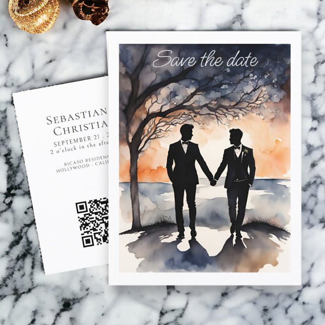 Zwei Gay Wedding retten das Datum Ankündigungspostkarte (Two Grooms Gay Wedding Save the Date Announcement Postcard from Ricaso. LGBT wedding products)