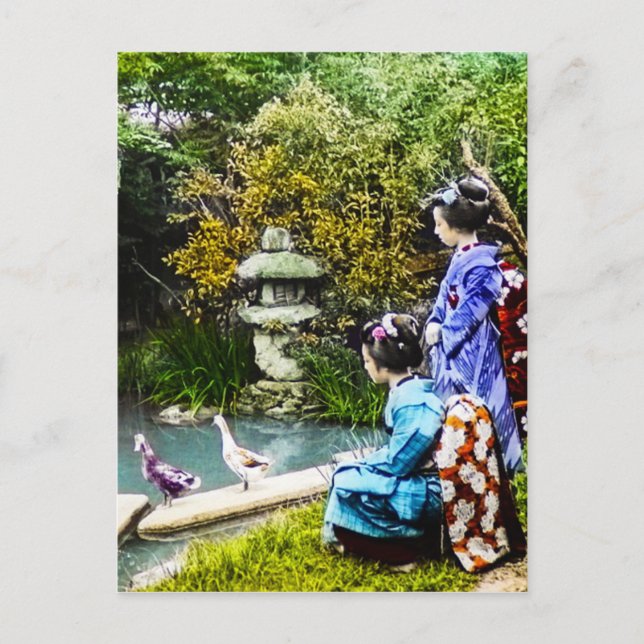 Zwei Geisha beobachten Enten Vintages altes Japan Postkarte (Vorderseite)