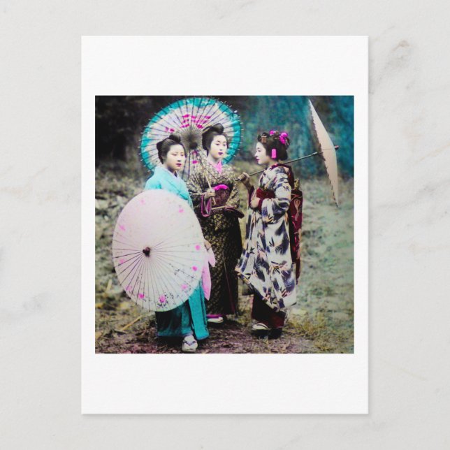 Zwei Geisha und ein Maiko und Sonnenschirme alt Ja Postkarte (Vorderseite)