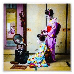 Zwei Geishas beim Frisieren Vintage alte Japaner Fotodruck