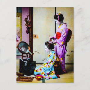 Zwei Geishas beim Frisieren Vintage alte Japaner Postkarte