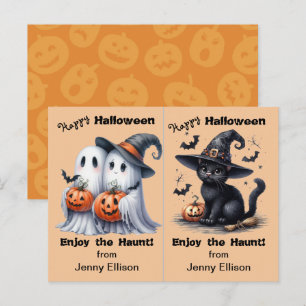 Zwei Geister und schwarze Katzenparty Halloween-Ka Postkarte