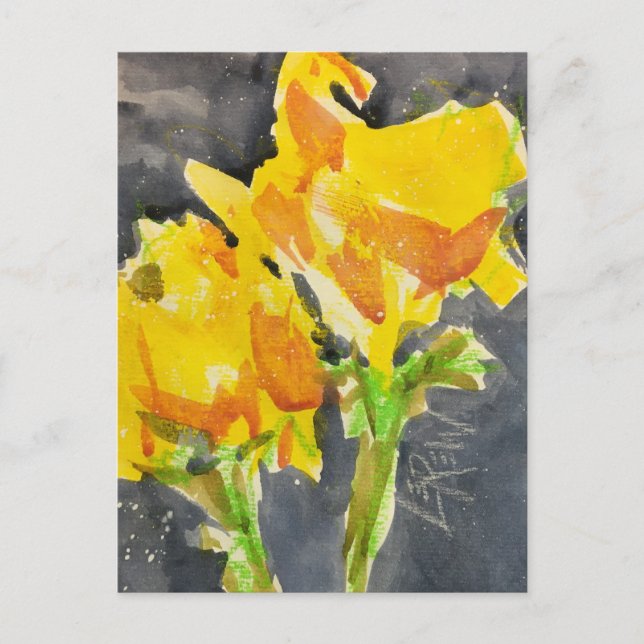 Zwei gelbe Blumen Crayon Resist Malerei #241101 Postkarte (Vorderseite)
