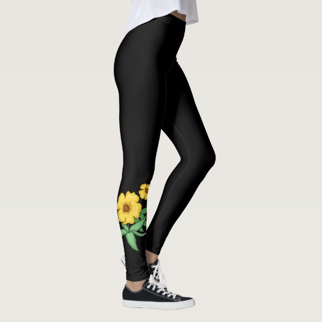 Zwei gelbe Blumen Design ~ Schwarzer Hintergrund ~ Leggings (Rechts)