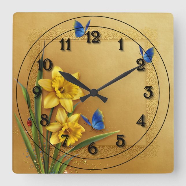 Zwei gelbe Daffodien Quadratische Wanduhr (Vorderseite)