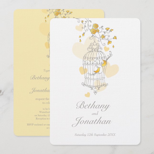 Zwei gelbe Vögel öffnen Vogelkäfig Hochzeit Einladung (Vorne/Hinten)