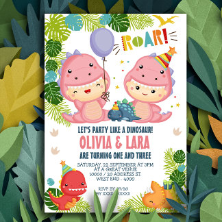 Zwei Girls Dinosaur Joint Birthday Einladung