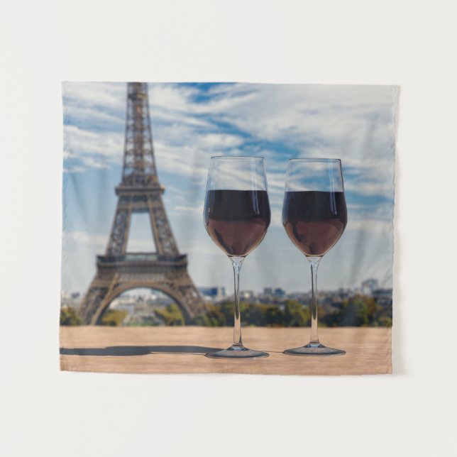 Zwei Glas Wein mit Eiffelturm Wandteppich (Vorderseite (Horizontal))