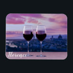 Zwei Gläser Rotwein auf der Silhouette von Florenz Magnet<br><div class="desc">Glas aus zwei Rotwein mit Blick auf den Sonnenuntergang über Florenz</div>