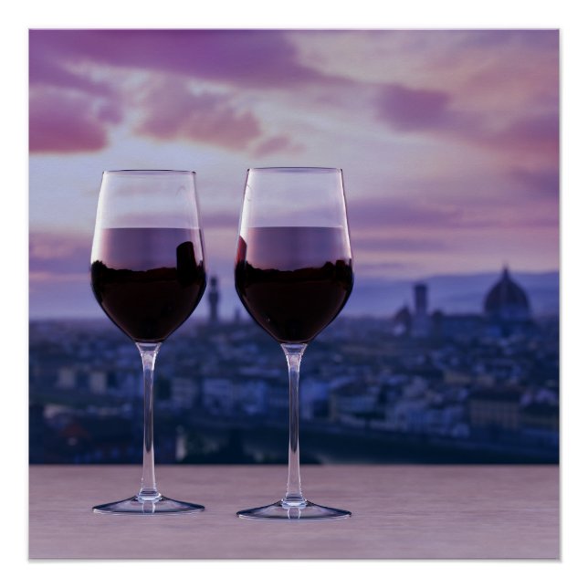 Zwei Gläser Rotwein auf der Silhouette von Florenz Poster (Vorderseite)