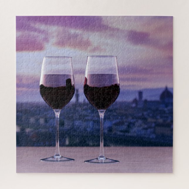 Zwei Gläser Rotwein auf der Silhouette von Florenz Puzzle (Vertikal)