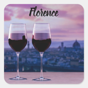 Zwei Gläser Rotwein auf der Silhouette von Florenz Quadratischer Aufkleber