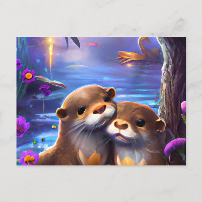 Zwei glückliche Baby Otters, die in glühendem blau Postkarte (Vorderseite)
