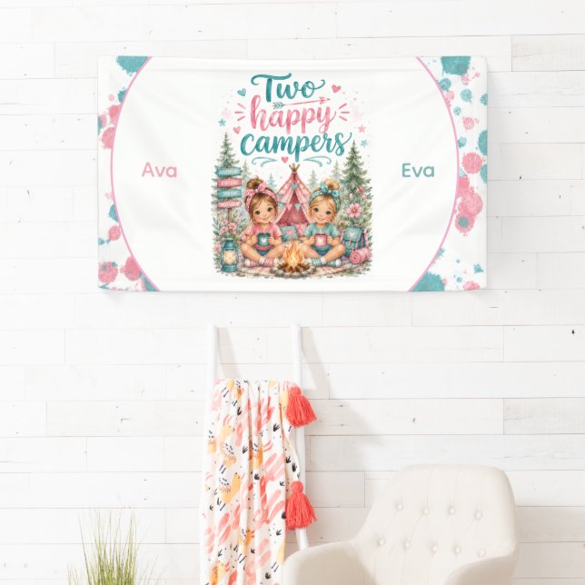 Zwei glückliche Camper Zwilling Mädchen Geburtstag Banner (Insitu)