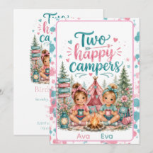 Zwei glückliche Camper Zwilling Mädchen Geburtstag