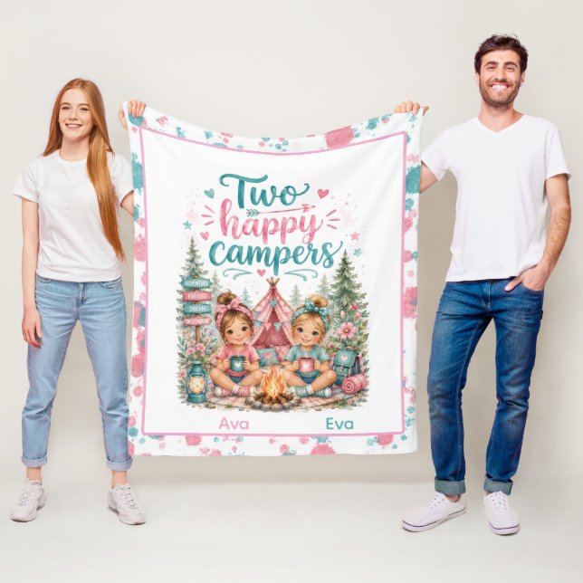 Zwei glückliche Camper Zwilling Mädchen Geburtstag Fleecedecke (Beispiel)