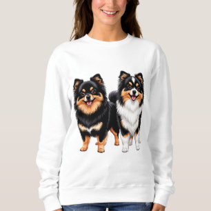 Zwei glückliche flauschige Hunde sitzen Seite an S Sweatshirt