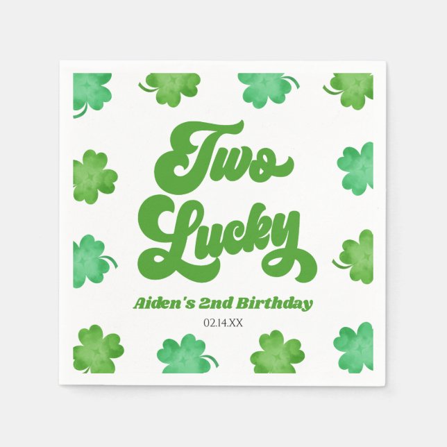Zwei Glückliche Grüne Kleeblatt-Klee 2. Geburtstag Serviette (Vorderseite)