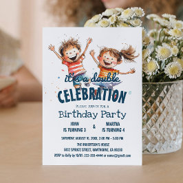 Zwei glückliche Kinder zweifache Geburtstagsparty Einladung