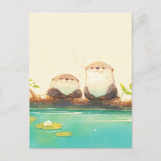 Zwei glückliche Otter auf einem Sommerstamm Postkarte (Vorderseite)