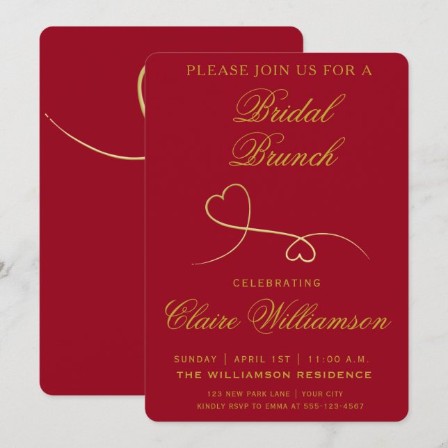 Zwei Gold Hearts | Red Bridal Brunch Einladung (Vorne/Hinten)