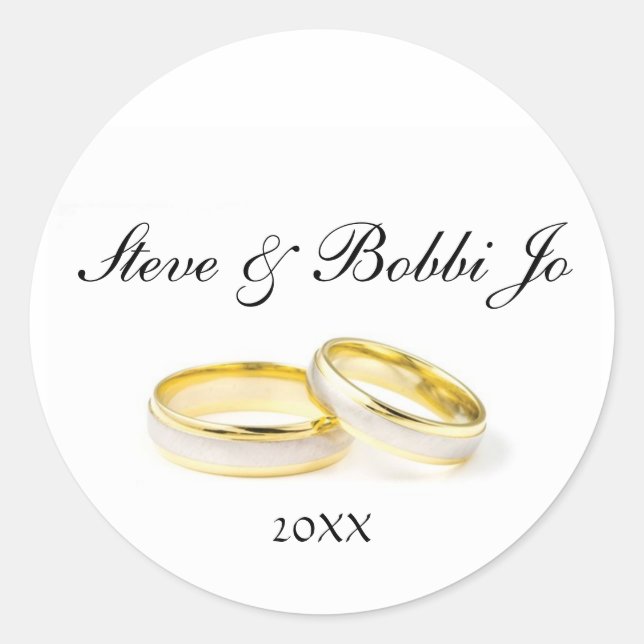 Zwei Gold Rings Personal Round Wedding Sticker (Vorderseite)