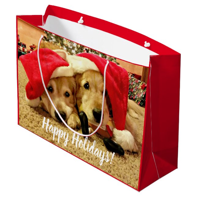 Zwei Golden Retriever Hunde in Weihnachtsmannmütze Große Geschenktüte (Rückseite Schrägansicht)