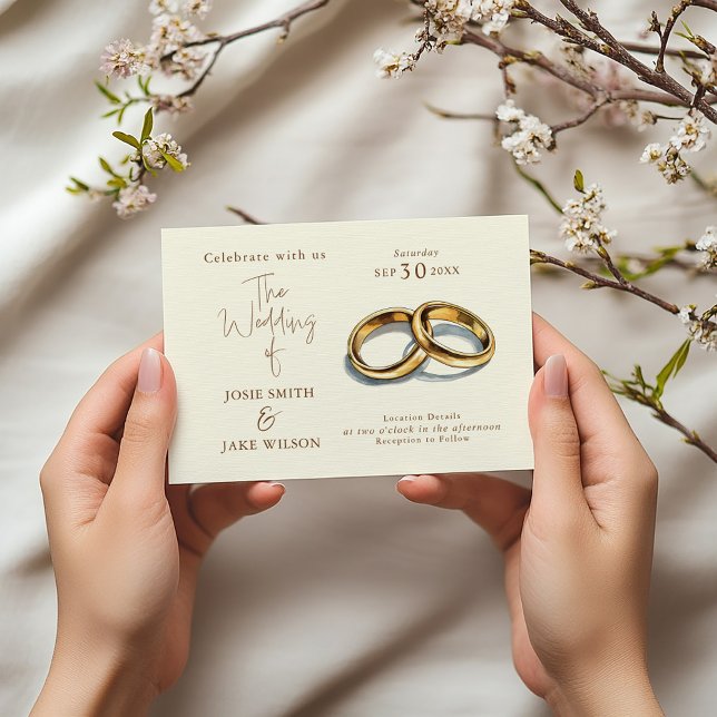 Zwei goldene Hochzeitsringe illustrieren Hochzeit Einladung (Simple Wedding Invitation features a beautiful illustration of two gold wedding rings.)