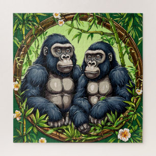 Zwei Gorillas in einem tropischen Bambusrahmen Puzzle