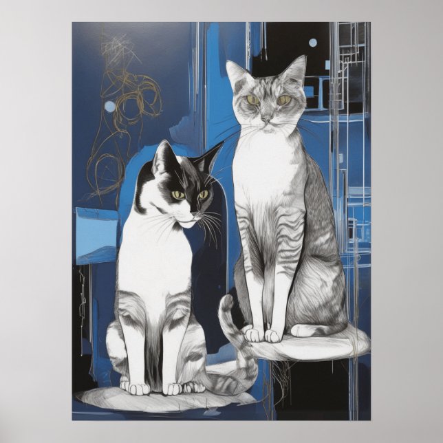 Zwei graue Katzen im Abstrakten Hintergrund Poster (Vorne)