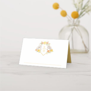 Zwei graue Pferde, monogramm, gelb, weiße Hochzeit Platzkarte