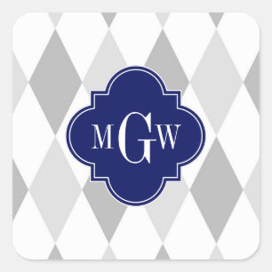 Zwei Gray Wht Harlequin Marine 3 Initial Monogram Quadratischer Aufkleber